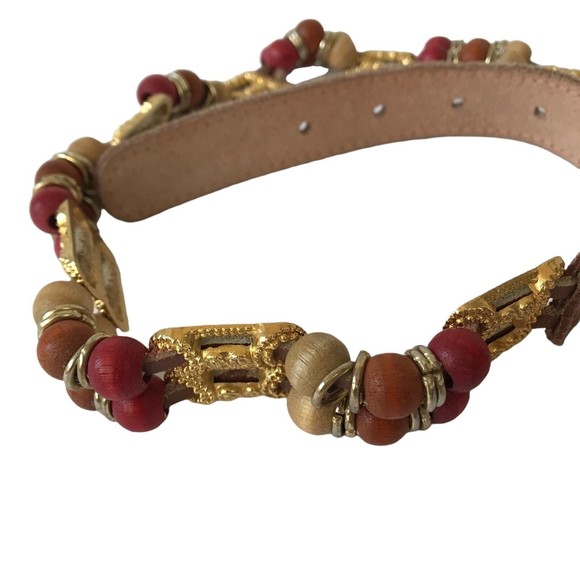 Express Women Brown Belt Size M Wood Beads Buckle Genuine Leather Boho bohemian - Picture 2 of 8